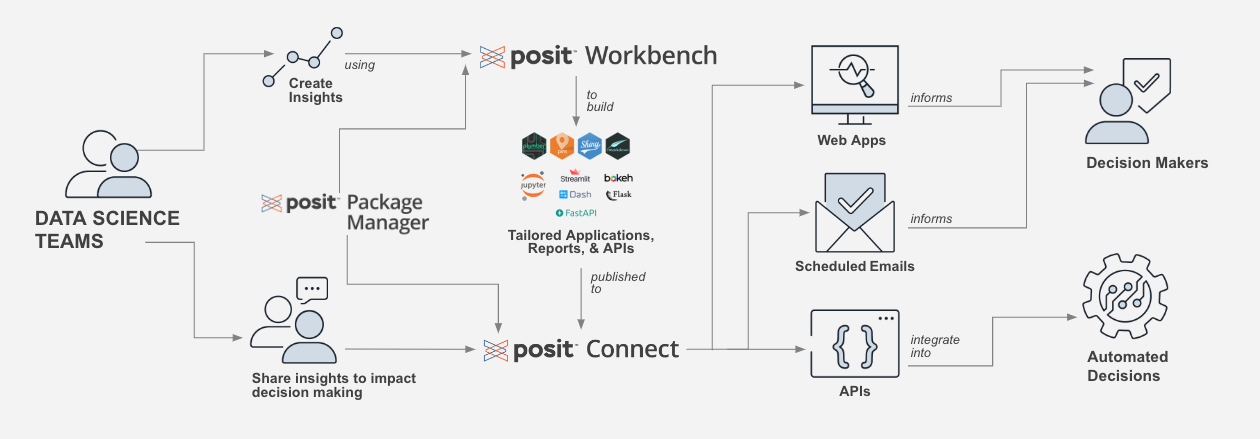 A diagram showing how data scientists develop code in Workbench, publish products to Connect, while Package Manager servers packages to both.