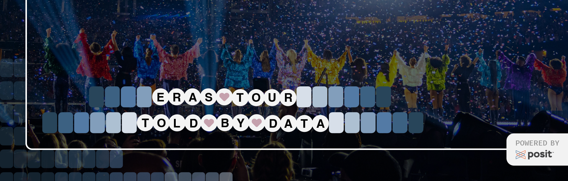 The image is a wide banner featuring a group of performers on stage, facing away from the camera, arms raised towards the audience. The performers are in colorful outfits, and the stage is lit with a concert atmosphere, including confetti in the air. Across the image, there is a blue overlay with the text ERAS TOUR TOLD BY DATA in a mix of clear and obscured letters, with heart symbols replacing the O in TOUR and BY. In the bottom right corner, there is a logo with the text Powered by Posit.